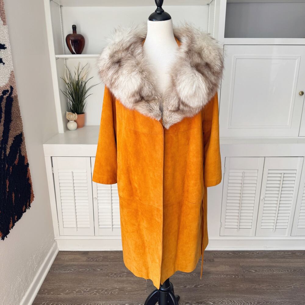 Vintage Rust Burnt Orange Suede Leather Fur Collar Trench Jacket Size M - Picture 2 of 8